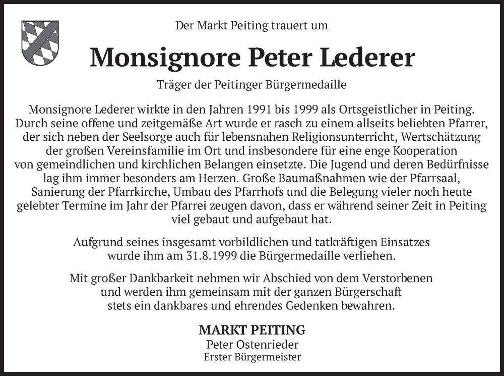  Traueranzeige für Peter Lederer vom 16.12.2022 aus merkurtz