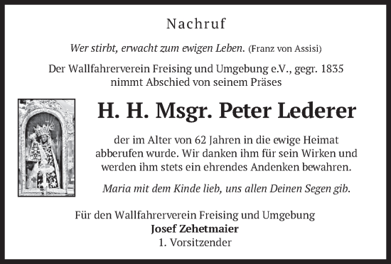 Traueranzeige von Peter Lederer von merkurtz