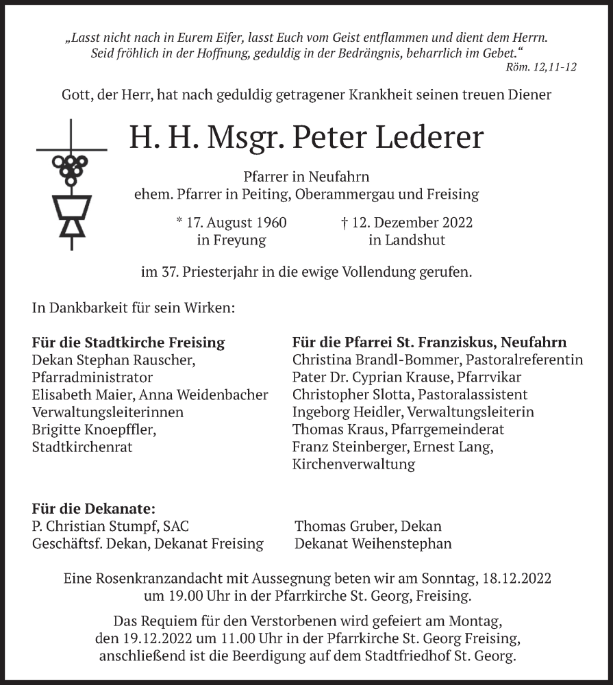  Traueranzeige für Peter Lederer vom 15.12.2022 aus merkurtz