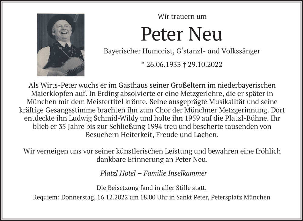  Traueranzeige für Peter Neu vom 10.12.2022 aus merkurtz