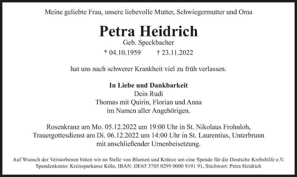  Traueranzeige für Petra Heidrich vom 03.12.2022 aus merkurtz