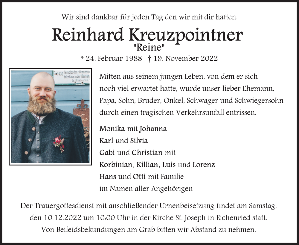  Traueranzeige für Reinhard Kreuzpointner vom 03.12.2022 aus merkurtz