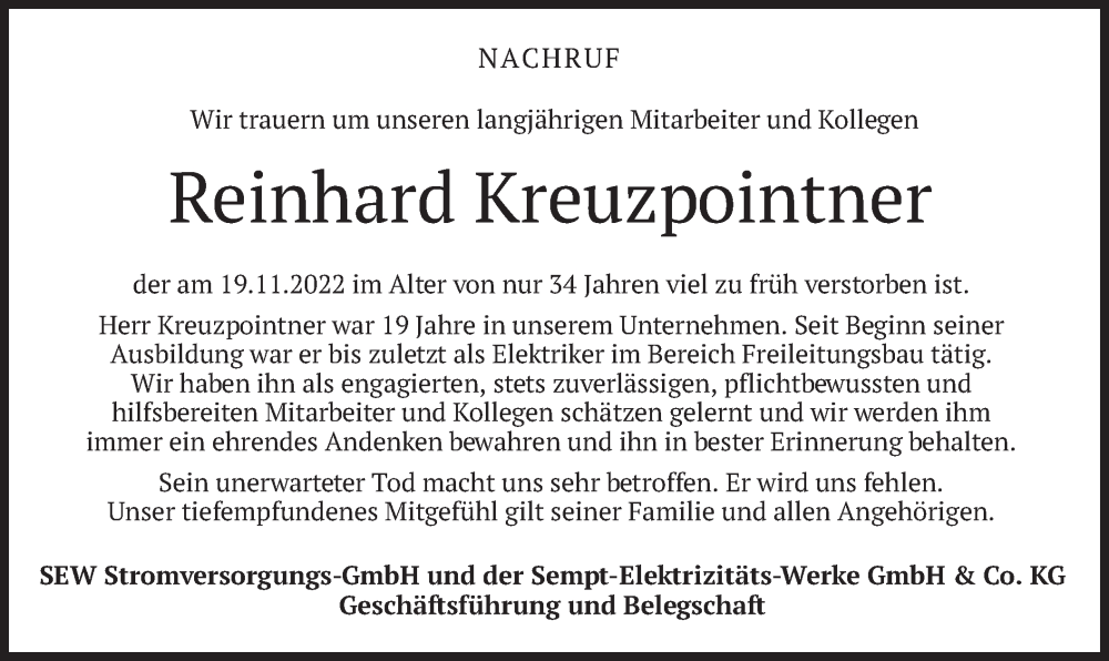 Traueranzeige für Reinhard Kreuzpointner vom 09.12.2022 aus merkurtz