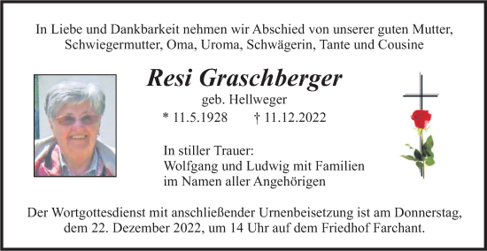 Traueranzeige von Resi Graschberger von merkurtz