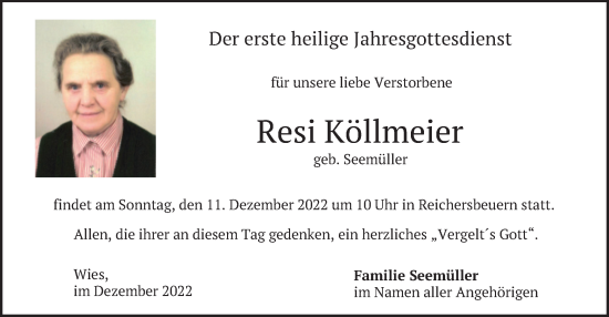 Traueranzeige von Resi Köllmeier von merkurtz
