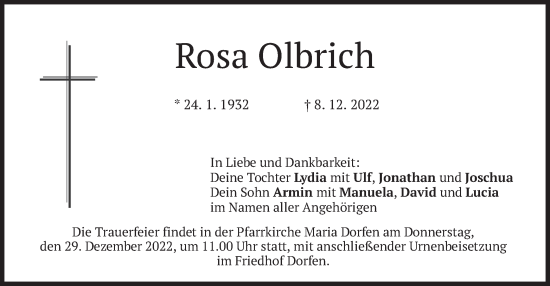 Traueranzeige von Rosa Olbrich von merkurtz