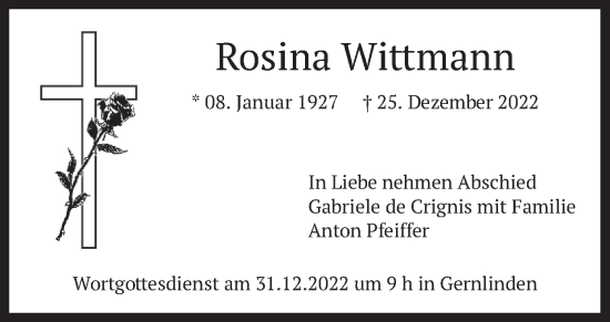 Traueranzeige von Rosina Wittmann von merkurtz