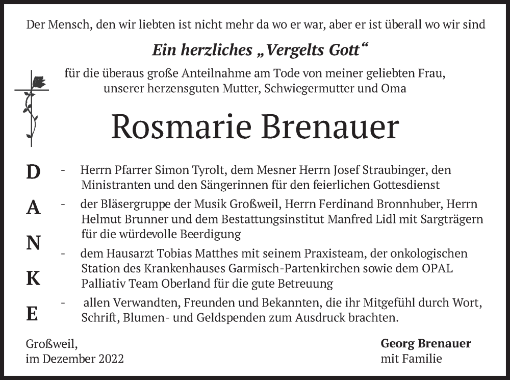  Traueranzeige für Rosmarie Brenauer vom 10.12.2022 aus merkurtz