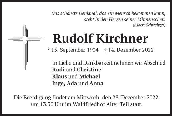 Traueranzeige von Rudolf Kirchner von merkurtz