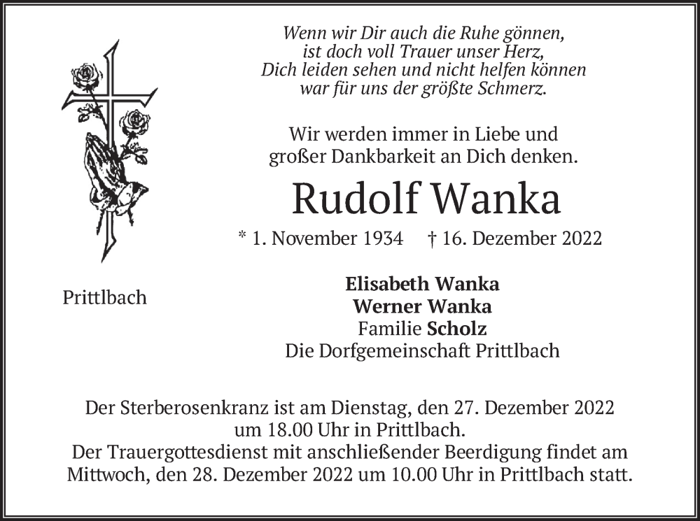  Traueranzeige für Rudolf Wanka vom 24.12.2022 aus merkurtz