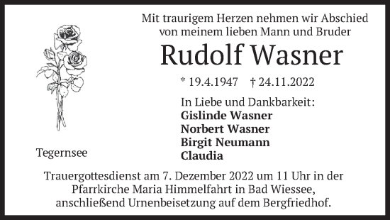 Traueranzeige von Rudolf Wasner von merkurtz