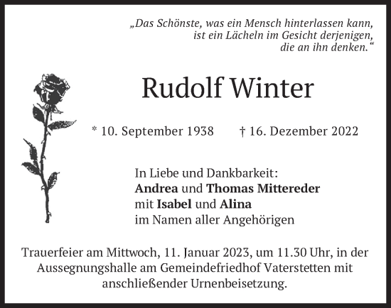 Traueranzeige von Rudolf Winter von merkurtz