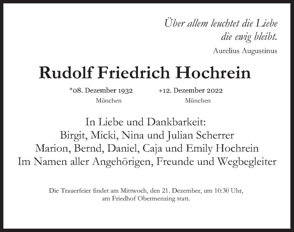  Traueranzeige für Rudolf Friedrich Hochrein vom 17.12.2022 aus merkurtz