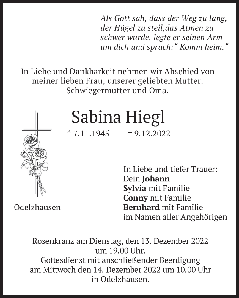  Traueranzeige für Sabina Hiegl vom 12.12.2022 aus merkurtz