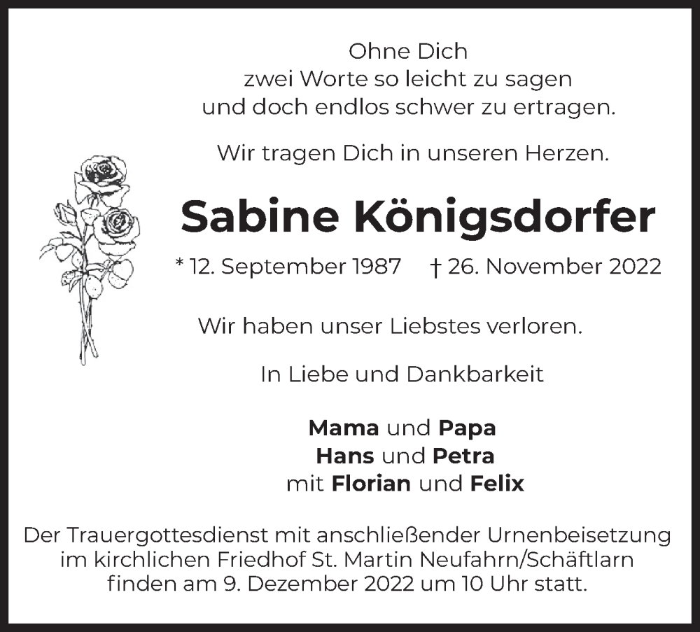  Traueranzeige für Sabine Königsdorfer vom 03.12.2022 aus merkurtz