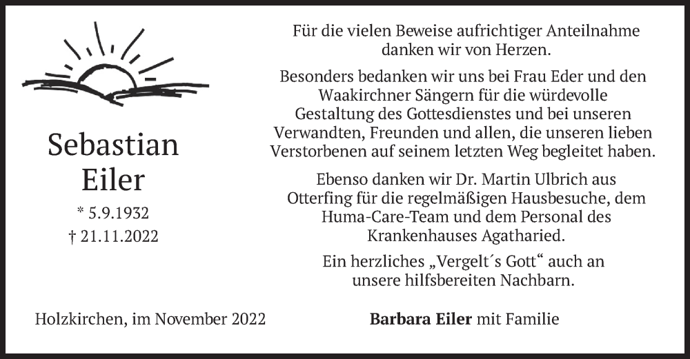  Traueranzeige für Sebastian Eiler vom 03.12.2022 aus merkurtz