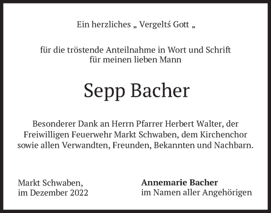 Traueranzeige von Sepp Bacher von merkurtz