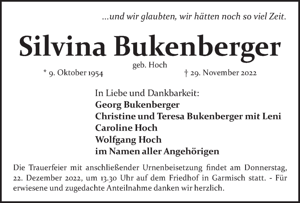  Traueranzeige für Silvina Bukenberger vom 17.12.2022 aus merkurtz