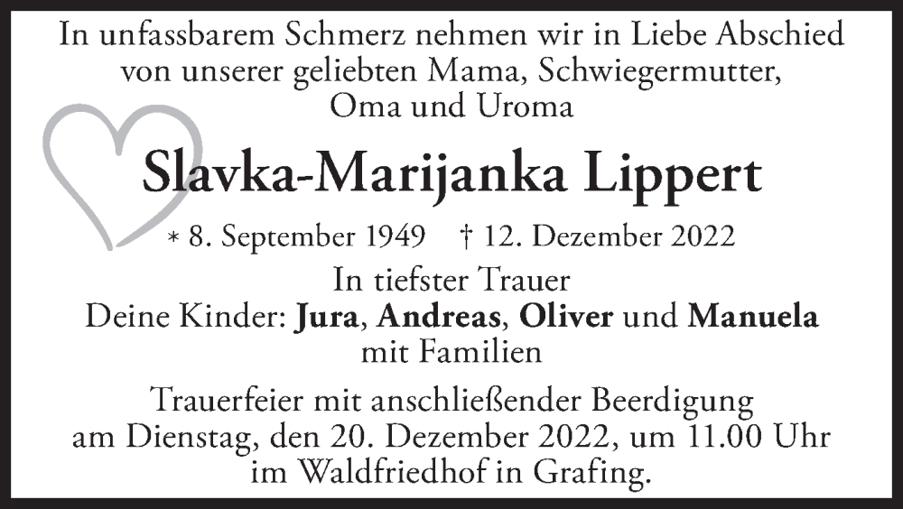  Traueranzeige für Slavka-Marijanka Lippert vom 17.12.2022 aus merkurtz