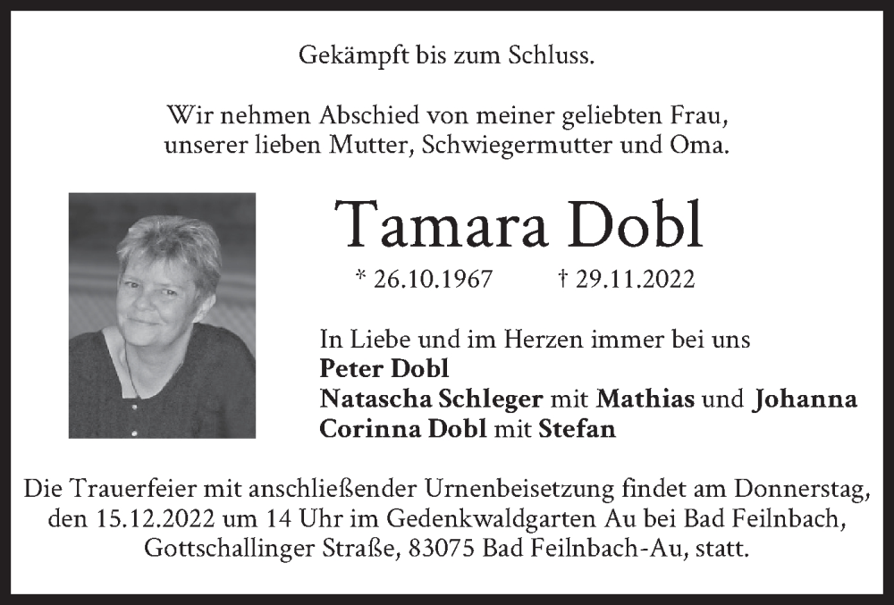  Traueranzeige für Tamara Dobl vom 07.12.2022 aus merkurtz