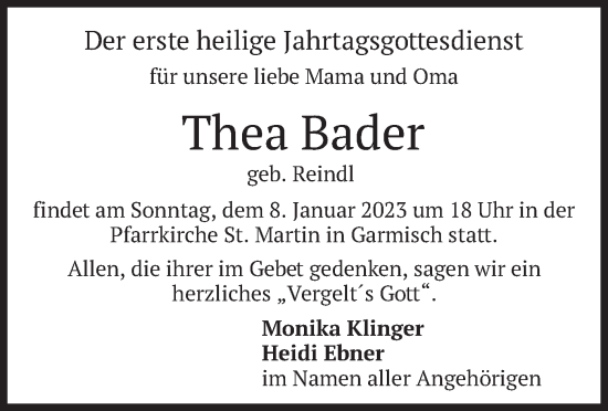 Traueranzeige von Thea Bader von merkurtz