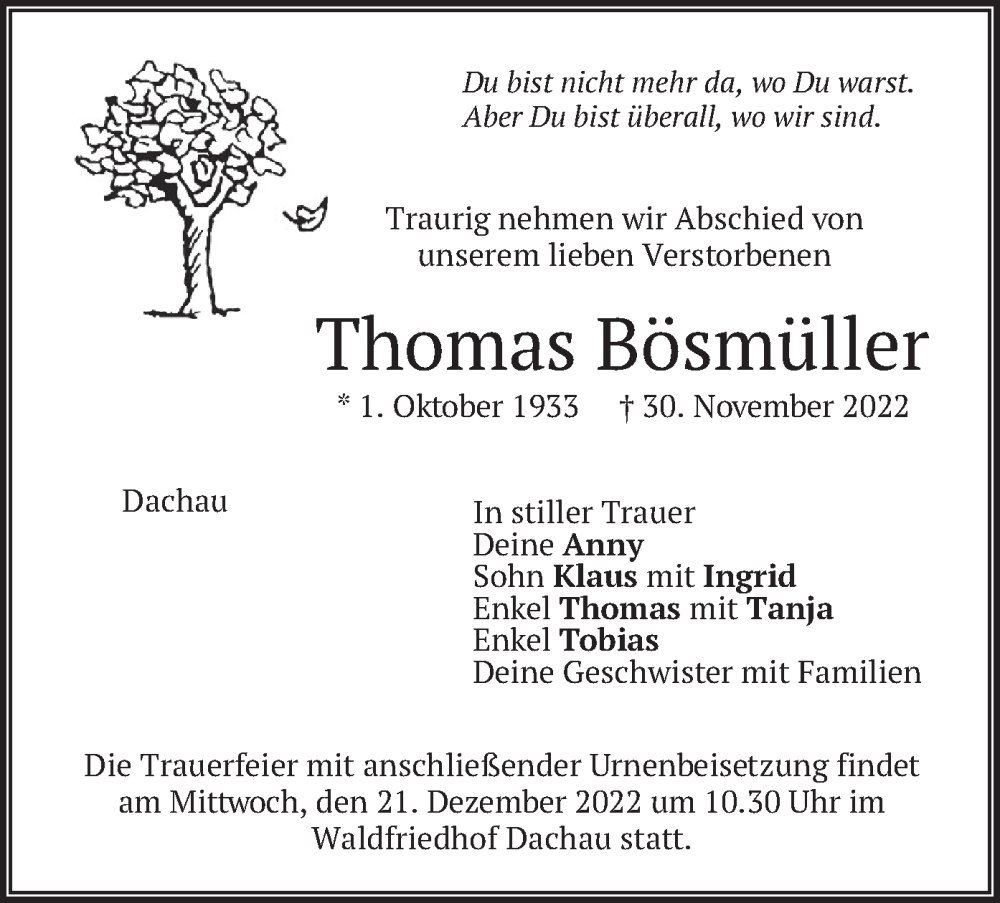  Traueranzeige für Thomas Bösmüller vom 17.12.2022 aus merkurtz