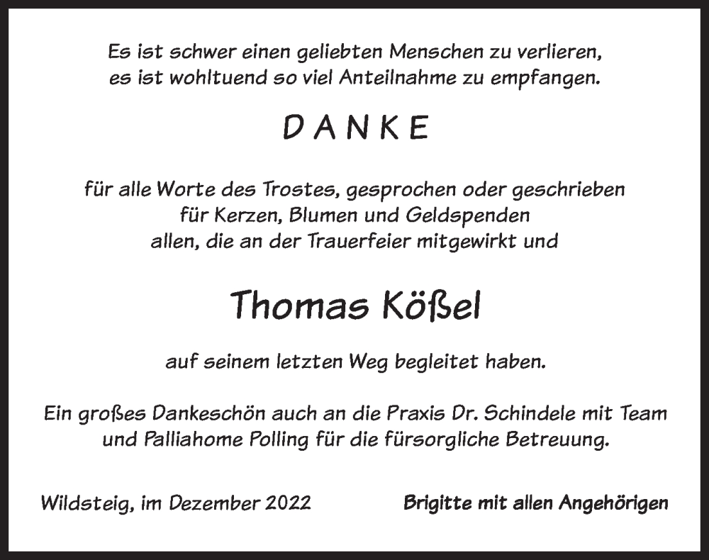  Traueranzeige für Thomas Kößel vom 17.12.2022 aus merkurtz