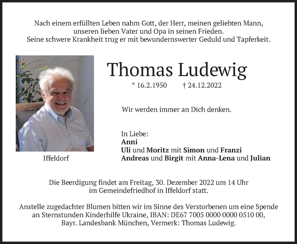  Traueranzeige für Thomas Ludewig vom 28.12.2022 aus merkurtz