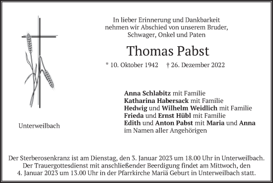 Traueranzeige von Thomas Pabst von merkurtz