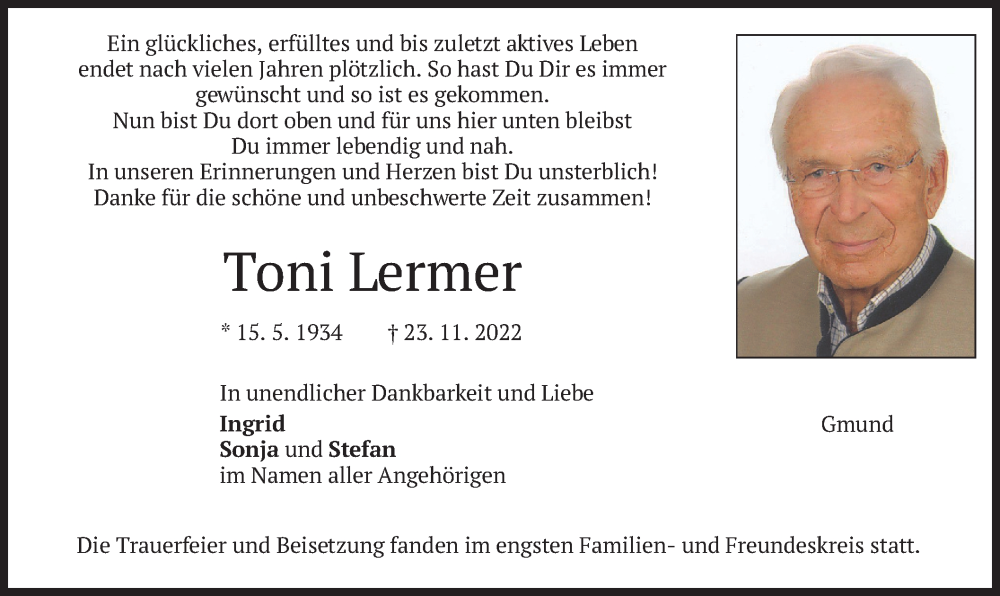  Traueranzeige für Toni Lermer vom 10.12.2022 aus merkurtz
