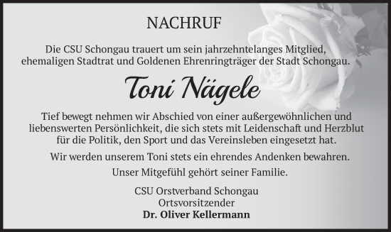 Traueranzeige von Toni Nägele von merkurtz