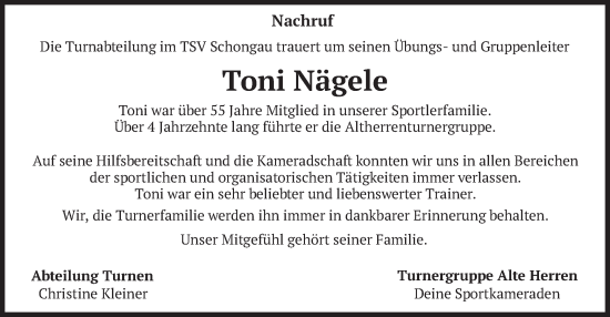 Traueranzeige von Toni Nägele von merkurtz