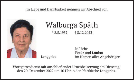 Traueranzeige von Walburga Späth von merkurtz