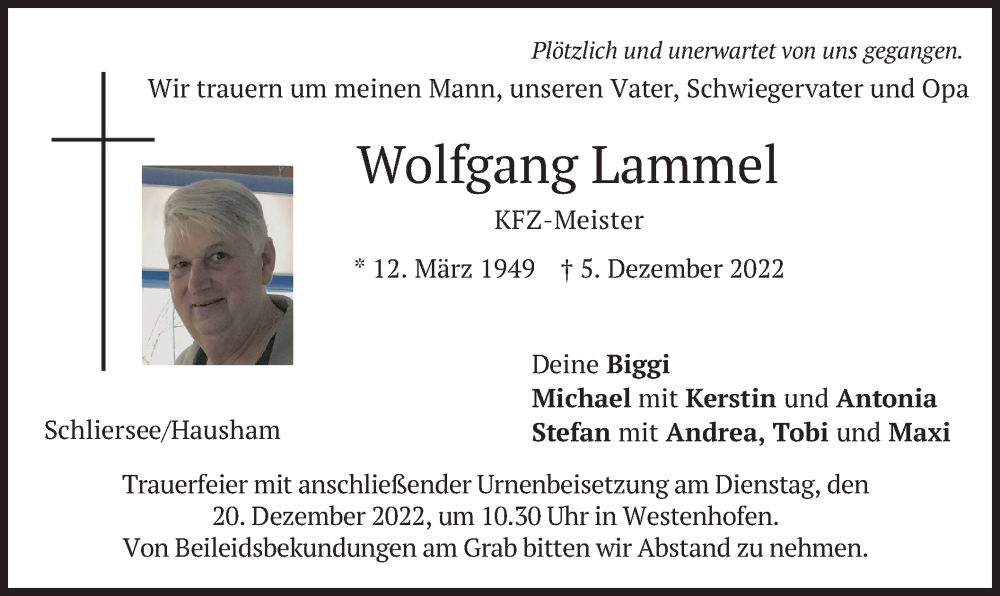  Traueranzeige für Wolfgang Lammel vom 14.12.2022 aus merkurtz