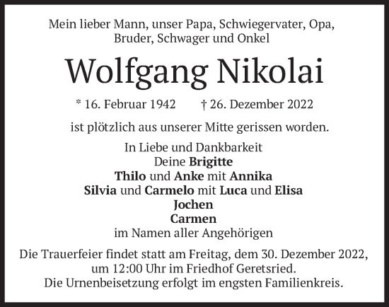 Traueranzeige von Wolfgang Nikolai von merkurtz
