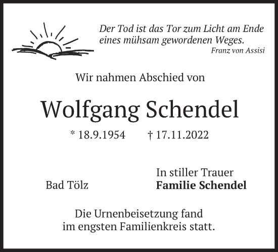 Traueranzeige von Wolfgang Schendel von merkurtz