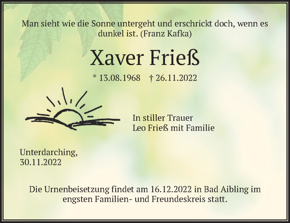  Traueranzeige für Xaver Frieß vom 10.12.2022 aus merkurtz