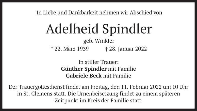  Traueranzeige für Adelheid Spindler vom 09.02.2022 aus merkurtz