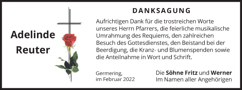  Traueranzeige für Adelinde Reuter vom 28.02.2022 aus merkurtz