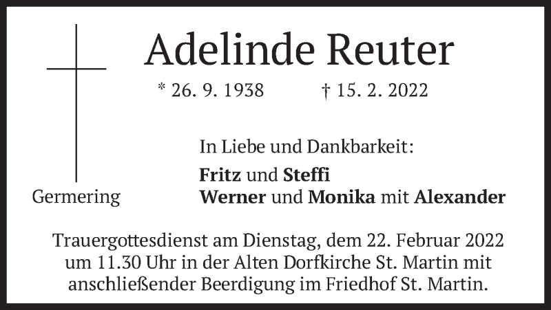  Traueranzeige für Adelinde Reuter vom 19.02.2022 aus merkurtz