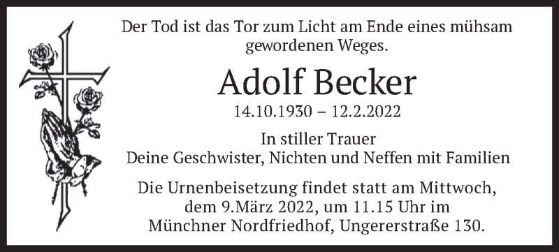  Traueranzeige für Adolf Becker vom 26.02.2022 aus merkurtz