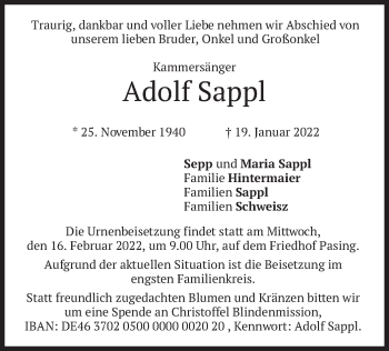 Traueranzeige von Adolf Sappl von merkurtz