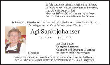 Traueranzeige von Agi Sanktjohanser von merkurtz