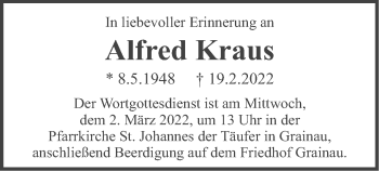 Traueranzeige von Alfred Kraus von merkurtz