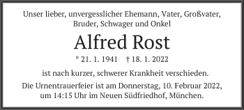Traueranzeige von Alfred Rost von merkurtz