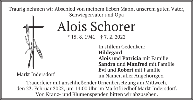  Traueranzeige für Alois Schorer vom 18.02.2022 aus merkurtz
