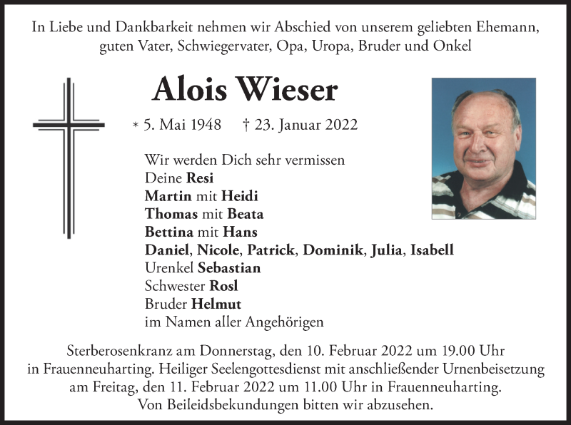  Traueranzeige für Alois Wieser vom 05.02.2022 aus merkurtz