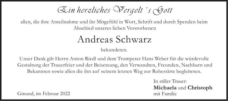  Traueranzeige für Andreas Schwarz vom 12.02.2022 aus merkurtz
