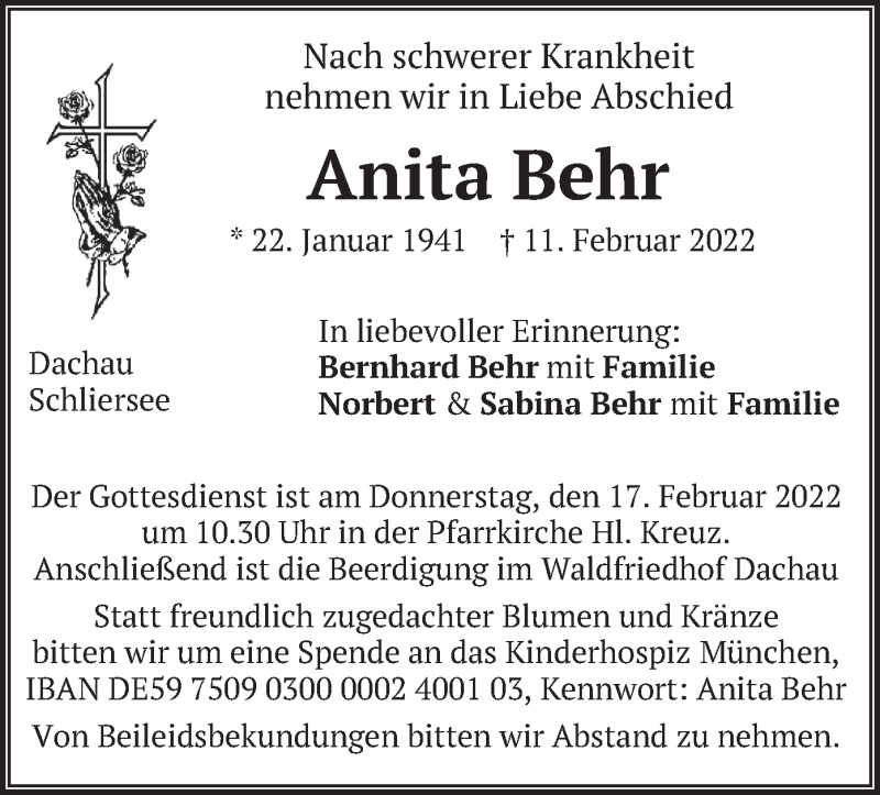  Traueranzeige für Anita Behr vom 14.02.2022 aus merkurtz