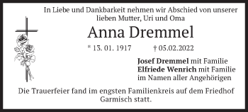 Traueranzeige von Anna Dremmel von merkurtz